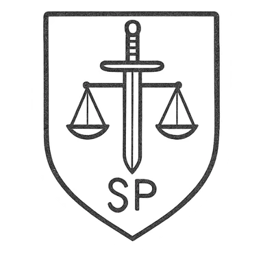 A minimalist emblem for a secretive military investigative unit. The design should feature a clean, geometric layout with a sword and scales, using a dark and muted color palette. It should include an understated 'SP' symbol to denote secrecy and professionalism. sticker