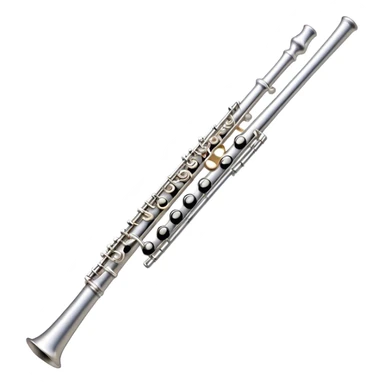Create an elegant and refined emoji representing a classical silver flute. The design should showcase the sleek, polished silver body of the flute with its keywork and tone holes clearly visible. Highlight the smooth, straight shape of the instrument with subtle light reflections on its metal surface. The keys should be delicately detailed, with their small, round pads visible. Add a slight shine to the flute’s surface to reflect its high-quality craftsmanship. Optionally, include subtle musical notes floating around the flute to evoke its light, melodic sound. The background should be transparent. sticker