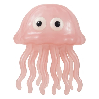 Make the jellyfish even more transparent and slightly see-through, keeping the natural pink color, in a retro 90's toy style with derpy eyes, soft plastic texture, soft reflections, soft and squishy appearance, some cloudiness, not shiny, highly detailed and appealing. Remove any tags and background. sticker