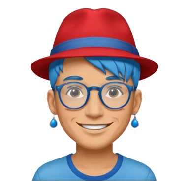 unique looking tourist with big unique red tourist fedora and earrings, man with lots of tattoes and spectacles, blue hair showing sticker