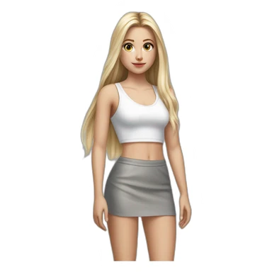 hyperrealist caucasian girl, long straight blonde hair, white v-neck laced crop tanktop, grey tight mini skirt, sneakers, facing camera sticker