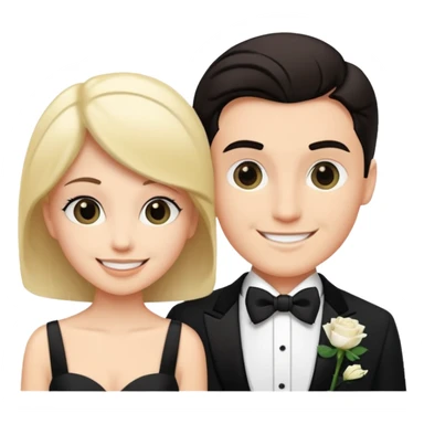 smiling couple in formal attire, white rose pinned to tux sticker