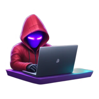 developer behind his laptop with this style : Crytek Crysis Video game neon glowing bright purple character red black hooded hacker themed character sticker