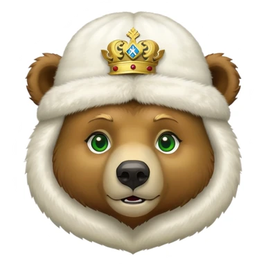 Cute grizzly bear face with green eyes, wearing a white fur hat with golden Russian coat of arms in the middle sticker