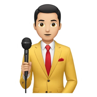 Man with black pulled back hair, wearing a yellow suit and red tie, holding a microphone sticker