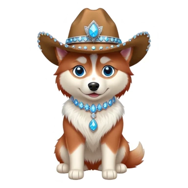 cute, disney-style red siberian husky with blue eyes wearing a bedazzled cowgirl hat, full body view sticker