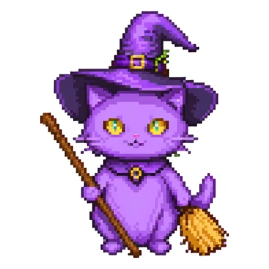 purple witch cat with a broom sticker