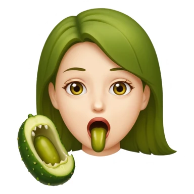 A girl opening her mouth insanely wide with a pickle inside her mouth  sticker