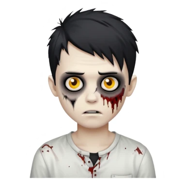 zombie boy with messy black emo hair, white shirt, scar on cheek, classic emoji style sticker