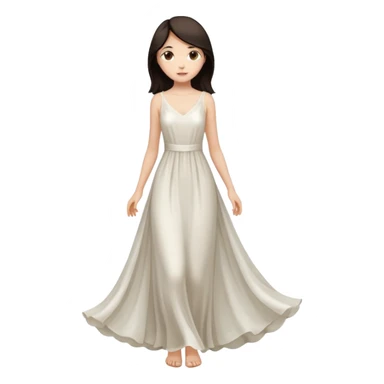 Make an emoji of a slender, full-length girl in an evening white dress with dark hair and brown eyes sticker