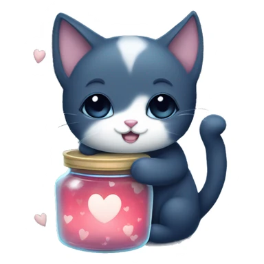 cute midnight sky colored cat hugging a jar filled with bright white hearts sticker