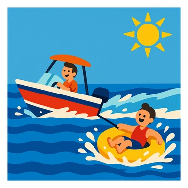 a small motorboat pulling a yellow inner tube with a person, water splashing, sunny day sticker