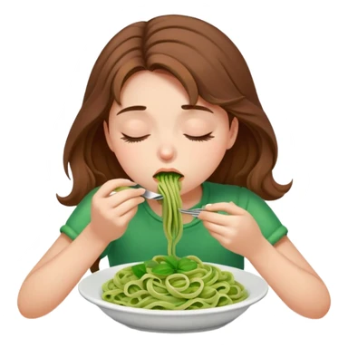 Brown haired girl eating green pasta asleep w drool sticker