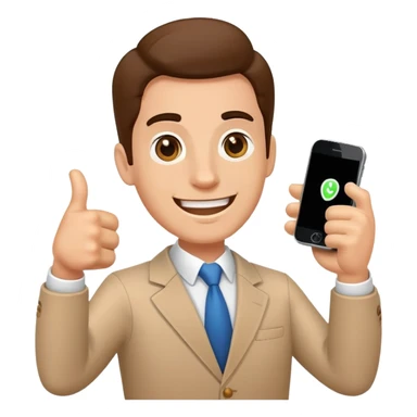 Enthusiastic salesman with phone and thumbs up sticker