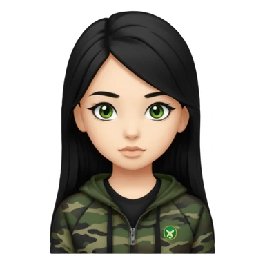 cute teenage girl, cute black trendy athletic clothes, light tan skin, very dark camo green eyes, long black hair, very long eyelashes sticker