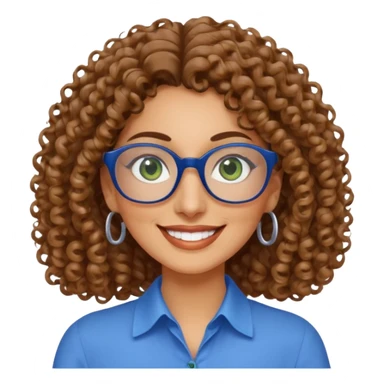 40 yr old Iranian woman, light brown very curly thick hair, shoulder length hair, green eyes, tan skin, big smile, big glasses, with pretty blue blouse sticker