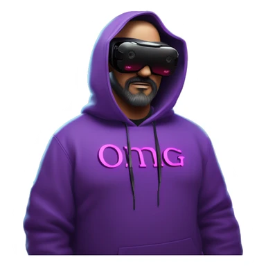 Big Lebowski wearing a black hoodie with "OMG" letters on it and VR headset oculus quest 2 in a cyberpunk VR environment with violet neon lighting. sticker