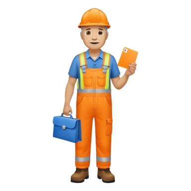 older engineer hi-vis orange overalls full body holding a card sticker