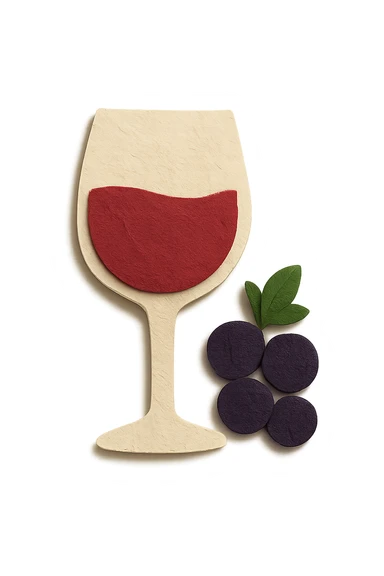 red wine icon, paper craft style, red wine glass with dark purple grapes beside it, no background sticker