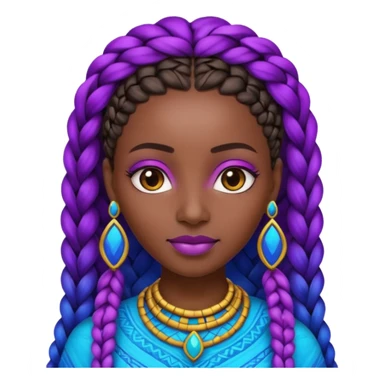 Create me an emoji of a beautiful Ethiopian Queen of Sheba with amazing braids wearing a neon purple and blue gradient African patterns. sticker