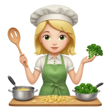 Girl cooking pasta for the first time with broccoli sticker