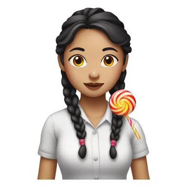 This image is a young Vietnamese woman. She has long, dark hair styled in two braids, one over each shoulder. A white lollipop stick is hanging out of the right side of her mouth, with the candy part out of view. She is wearing a white shirt sticker
