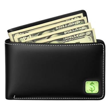 Rich emoji style black leather wallet with dollar bills, luxury money vibe, premium 3D emoji, ultra clean, high detail, no background sticker