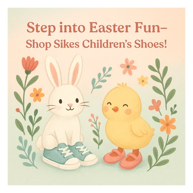Easter-themed Instagram post featuring a pastel background with a bunny and chick wearing children's shoes, surrounded by floral accents, with a headline text: 'Step into Easter Fun—Shop Sikes Children’s Shoes!' (no logo present) sticker
