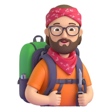 adventurer with goatee beard (no beard on cheeks), short hair, glasses, bandana on head and backpack sticker