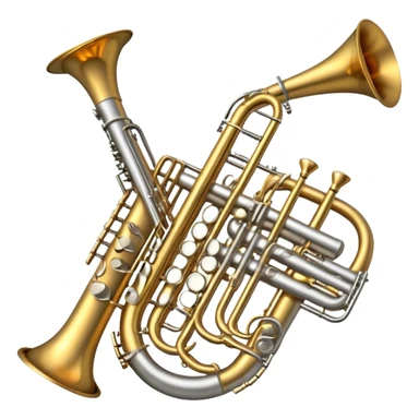 Create a professional and elegant emoji collage symbolizing wind instruments, using a combination of copper, white metal, and black wood. The design should feature iconic instruments like a trumpet, saxophone, tube, oboe, and horn. Each instrument should be represented with its key elements clearly visible.
Each instrument should be designed with realistic textures, including the gleam of metal and the deep, rich tone of black wood. Arrange the instruments in a balanced and harmonious way, making sure the elements are easily recognizable. Use metallic gold, silver, and copper tones with black wood accents. The background should be transparent to highlight the instruments. sticker