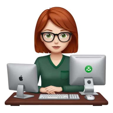 dark red log haired white woman with glasses and green eyes behind a computer dressed casually sticker