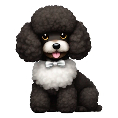 black and brown poodle with white fur on its belly and a bow sticker
