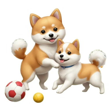 2 dogs, a ginger shiba inu and a small white dog breed coton de tulear, playing with a ball in a sunny garden sticker
