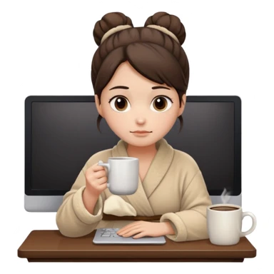 A brunette girl with a bun as hairstyle, with dark brown eyes, dark circles under eyes, tired, sad face, with a mug of coffee in one hand and sitting in front of a computer, wearing a soft fluffy beige robe sticker