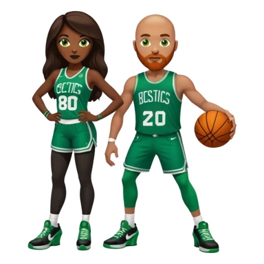 48-year-old dark skin black woman with brown eyes, long dark brown hair dressed in sexy 
celtics jersey costume outfit wearing stilettos heels. A bald white man with ginger beard. he has blue/green  eyes, wearing a Jason Tatum Boston Celtics Jersey & green Nike sneakers  sticker
