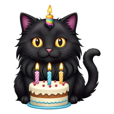 Long haired fluffy black cat with birthday cake sticker