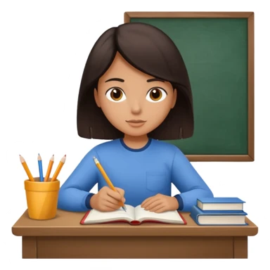 A student with dark hair is reading a book and taking notes in a notebook. There are also papers and textbooks on the table. sticker
