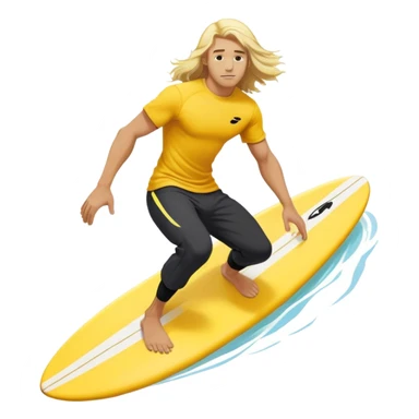 Man surfing on a yellow white board with long blond hair, yellow t-shirt with black Nike logo in center of chest, black baggy sweatpants. sticker