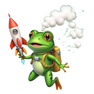 cute frog flying with a rocket pack, funny expression, rocket smoke trail, 3D cartoon, mobile game icon style, clean background, no text, no watermark sticker