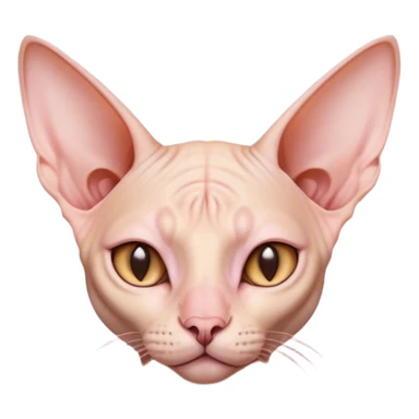 Cinematic Noble Sphynx Cat Portrait Emoji, Poised and regal, with smooth, hairless skin in warm peach and soft pink tones, striking large ears and intense almond-shaped eyes, Simplified yet sharp and sophisticated features, highly detailed, glowing with a soft, dignified glow, high shine, intelligent and graceful, stylized with an air of elegance, focused and attentive, soft glowing outline, capturing the essence of a watchful and refined feline, so majestic it feels as though it could glide across the screen with effortless confidence! sticker