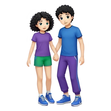 curly haired girl with blue t-shirt, purple wide trousers and white sneakers giving a hug to a black haired boy with blue t-shirt, green short pants and bñack boot sportshoes sticker