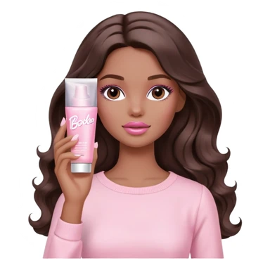 A white Barbie girl with long dark brown wavy hair in pale pink clothes smears by hand cosmetic cream on her face sticker