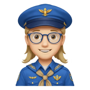 scout boy long hair spectacled blue uniform with cap sticker