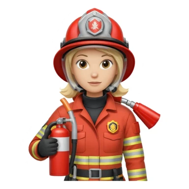 Firefighter with respiratory protection, blonde female, with fire extinguisher sticker