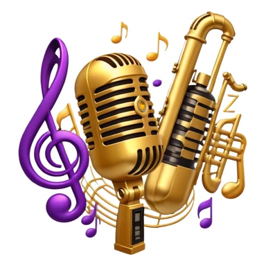 Create a vibrant and expressive emoji representing jazz vocal performance. The design should feature a vintage microphone at the center, surrounded by musical notes and soundwaves flowing outward, symbolizing the vocal improvisation and fluidity of jazz. Include key instruments often associated with jazz vocals, such as a jazz piano (stylized black keys) in the background and a saxophone or trumpet, giving it a true jazz vibe. Add soft lighting effects to evoke the intimate, atmospheric feel of a jazz club. Use rich colors like gold, black, deep purple, and red to reflect the soulful, smooth nature of jazz. The background should be transparent. sticker