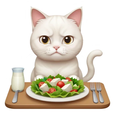 grumpy white cat sitting at a table, looking confused with its ears slightly back. In front of the cat is a plate with a salad sticker