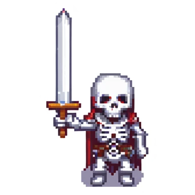 skeleton with a sword raised, pixel art style sticker