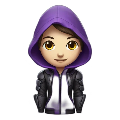 Girl developer behind his laptop with this style : Crytek Crysis Video game with nanosuit purple character purlple black hooded hacker themed character sticker
