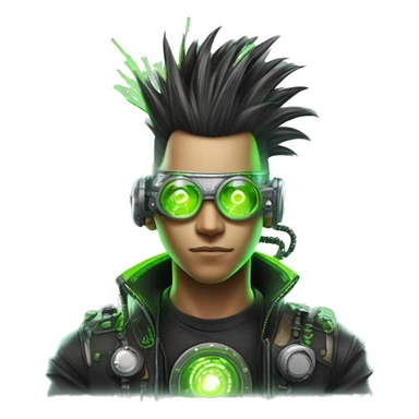 Mohawk hair with neon green highlights Asian male cyborg head with neon silver steampunk goggles and circuits sticker