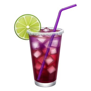 maroon purple cocktail with a lime wedge in the drink in a plastic cup with lid and straw

 sticker